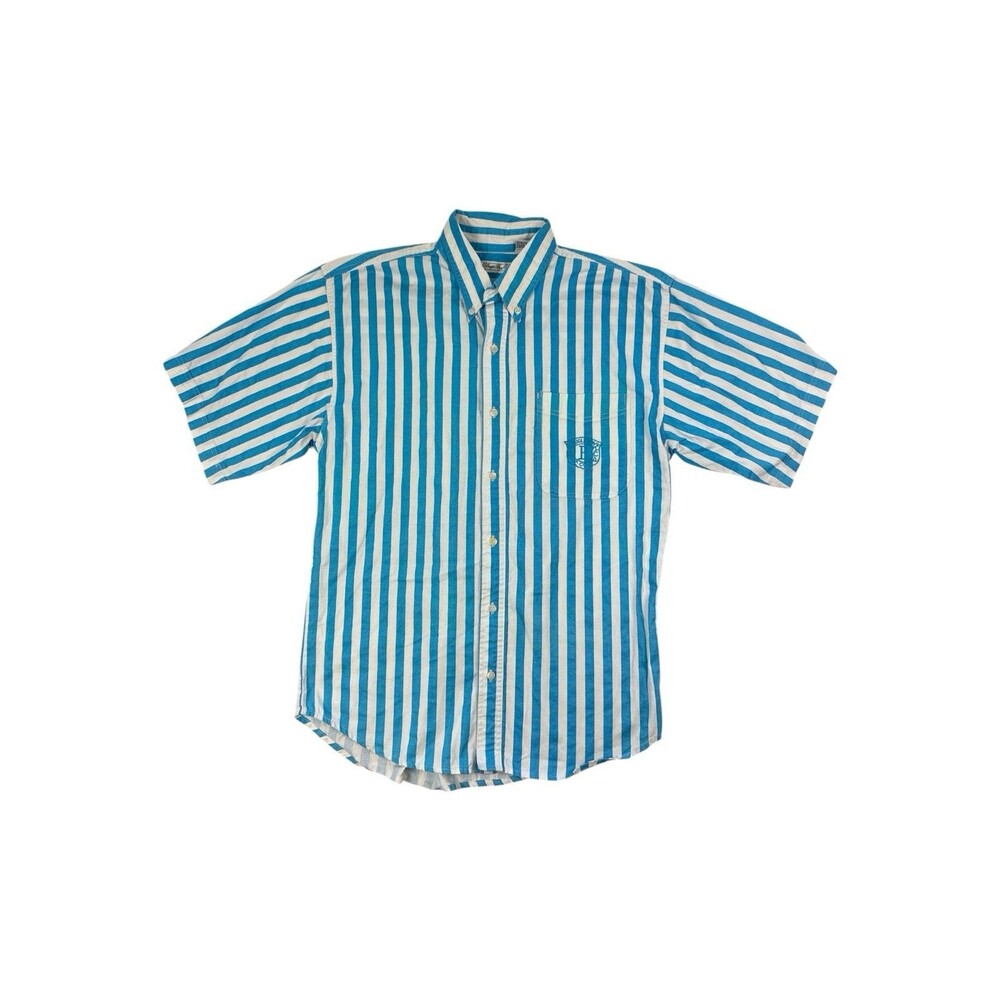 Vintage 90s Blue and White Striped Bugle Boy Men’s Short Sleeve Shirt Medium